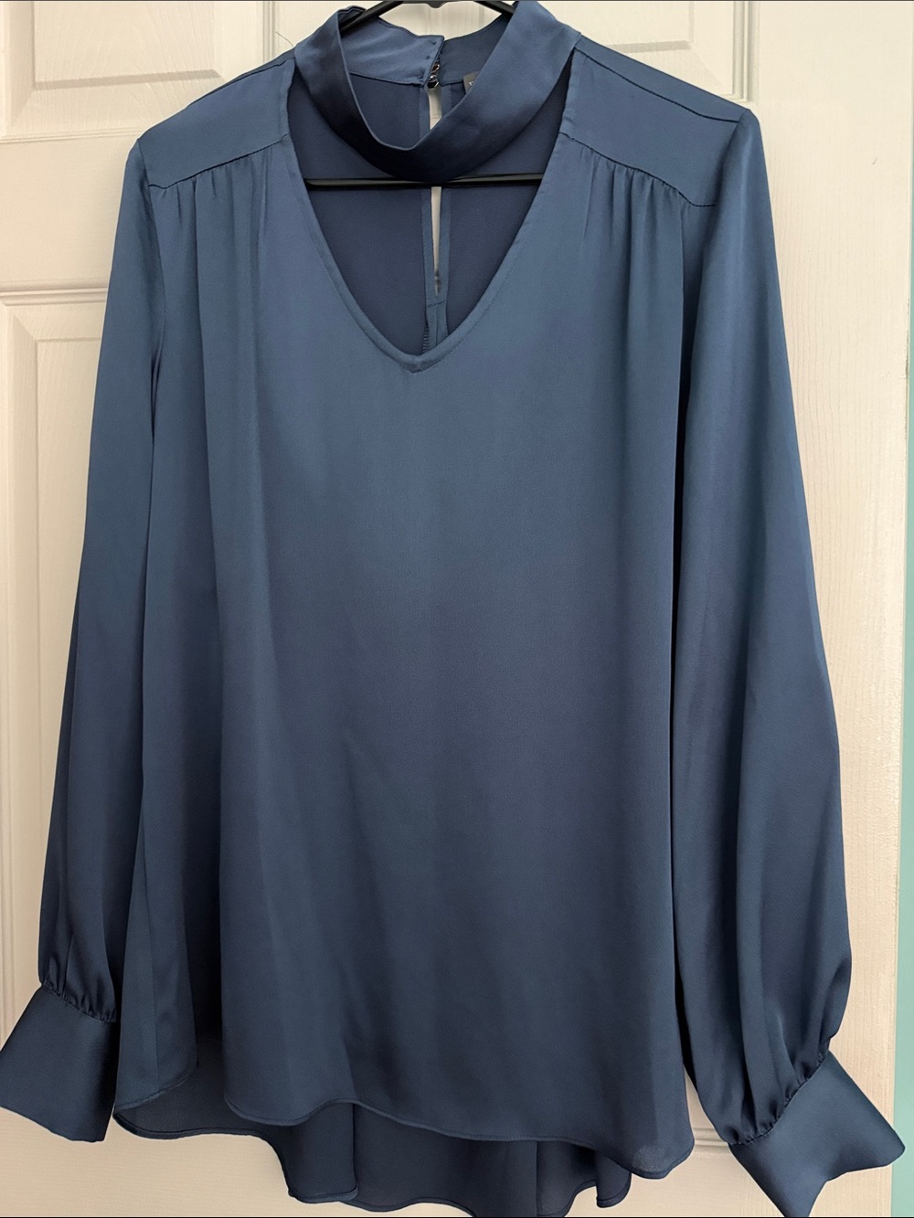 Vince Camuto Slate Blue V-Neck Choker Blouse